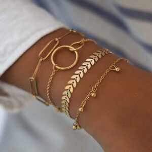 Sakytal Boho Stackable Circle Bracelet Set Gold Fish Bone Layered Beaded Paperclip Link Bracelet Chain Jewelry for Women(4PCS)