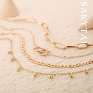 Sakytal Boho Stackable Circle Bracelet Set Gold Fish Bone Layered Beaded Paperclip Link Bracelet Chain Jewelry for Women(4PCS)