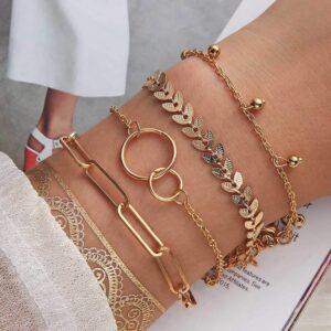 Sakytal Boho Stackable Circle Bracelet Set Gold Fish Bone Layered Beaded Paperclip Link Bracelet Chain Jewelry for Women(4PCS)