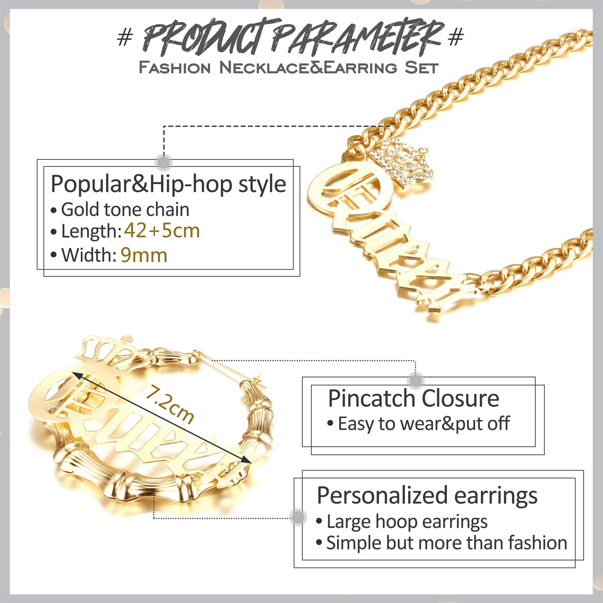 SAILIMUE Queen Pendant Curb Chain Necklace with Oversize Statement 90s Bamboo Hoop Earring Set for Women Gold Plated Color Punk Style Hip Hop Rapper