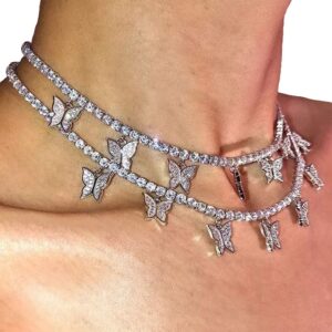 Jacruces Butterfly Necklace Tennis Chain Butterfly Choker Bling Iced CZ Butterfly Necklace Silver Women (16, 3mm-Silver)