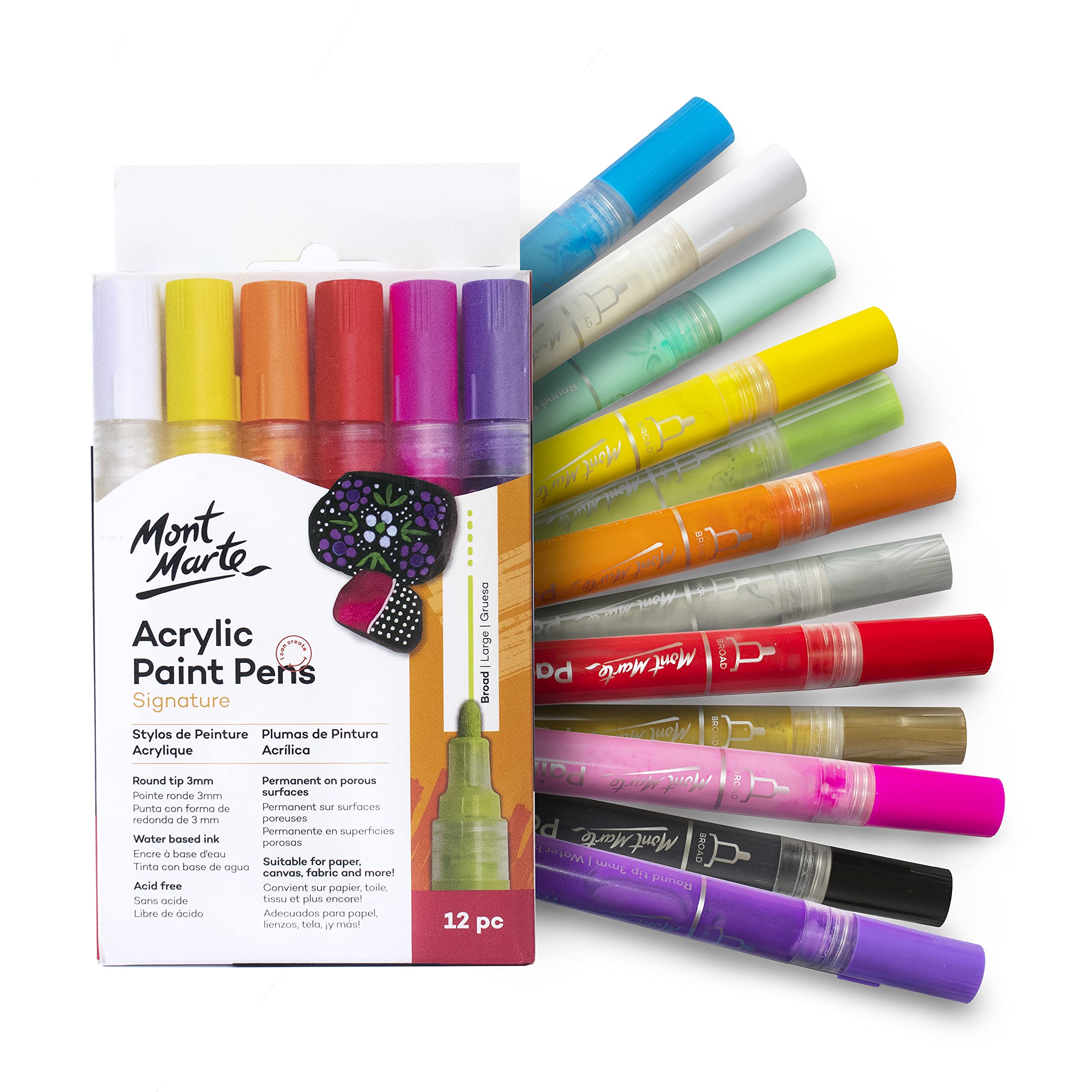 Mont Marte Signature Acrylic Paint Pens, 12 Piece, Waterproof, Suitable for Most Surfaces Including Canvas, Card and Rock, Round Tip (3mm)