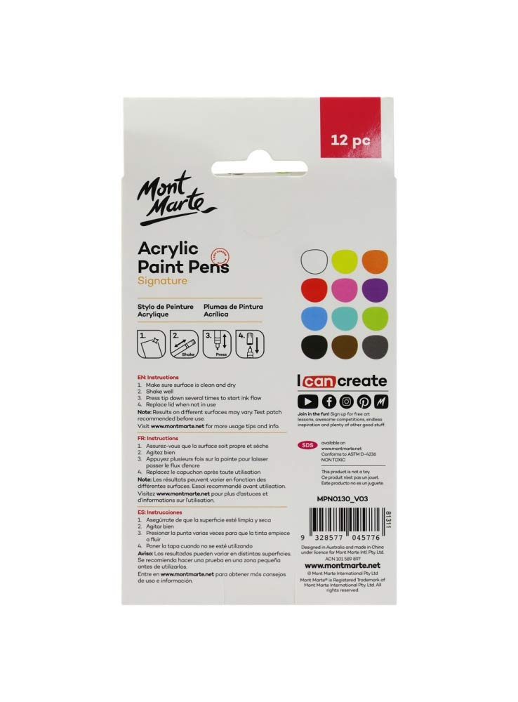 Mont Marte Signature Acrylic Paint Pens, 12 Piece, Waterproof, Suitable for Most Surfaces Including Canvas, Card and Rock, Round Tip (3mm)