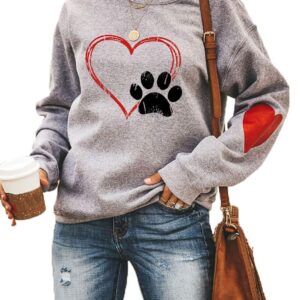 Love Heart Dog Paw Print Sweatshirts Women Long Sleeve Pullover Tops Casual Blouse Mother's Day Gray X-Large