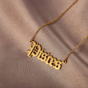 Zodiac Necklace for Women Pisces Necklace Gold Old English Letter Horoscope Birth Star Sign Necklace Birthday Gift - Pices