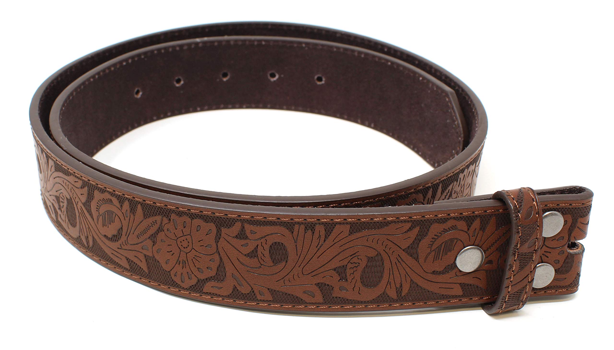 BC Belts Womens Leather Belt Strap with Embossed Western Flowers Pattern 1.5" Wide with Snaps (Brown-L)