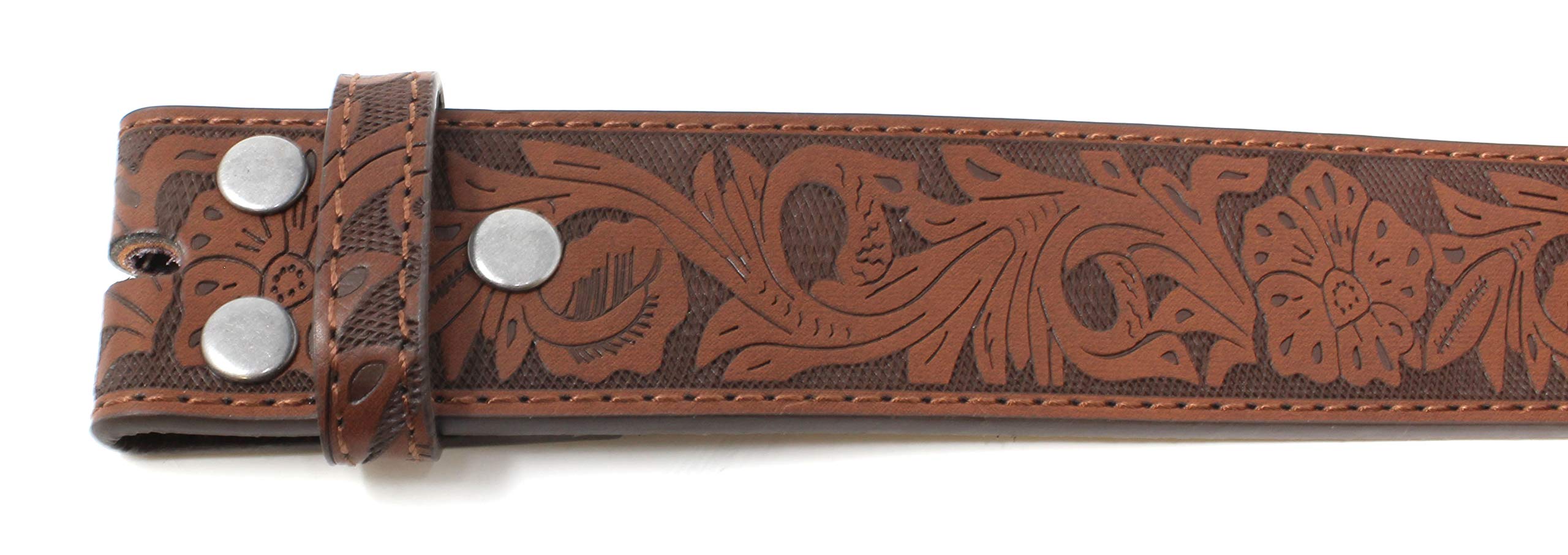 BC Belts Womens Leather Belt Strap with Embossed Western Flowers Pattern 1.5" Wide with Snaps (Brown-L)