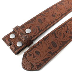 BC Belts Womens Leather Belt Strap with Embossed Western Flowers Pattern 1.5" Wide with Snaps (Brown-L)