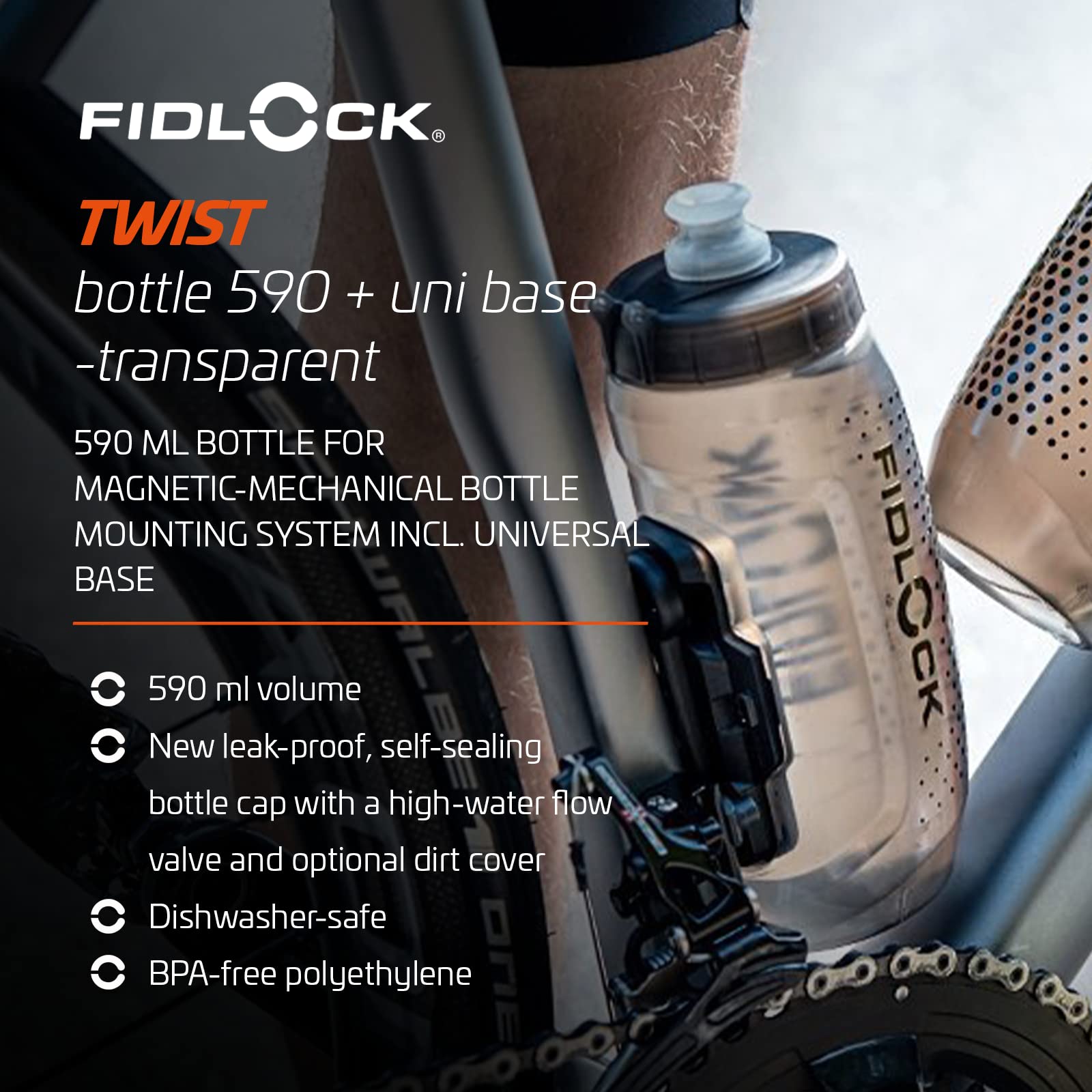 FIDLOCK Twist Bottle 590 & Uni Base Set - New Leak-Proof, Self-Sealing Bottle Cap - Bike Water Bottle Holder with No Screws & Attached Bottle - Cage Free Magnetic Rack - Smoke