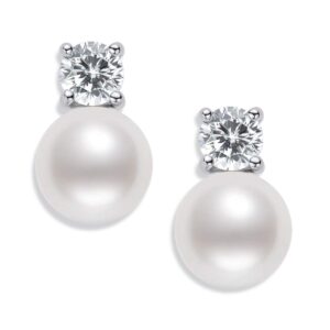 DENGGUANG Pearl Stud Earrings June Birthstone Freshwater Cultured 6.5mm Small White Pearl Drop Silver Earrings with Cubic Zirconia Jewelry Gifts for Women