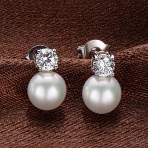 DENGGUANG Pearl Stud Earrings June Birthstone Freshwater Cultured 6.5mm Small White Pearl Drop Silver Earrings with Cubic Zirconia Jewelry Gifts for Women