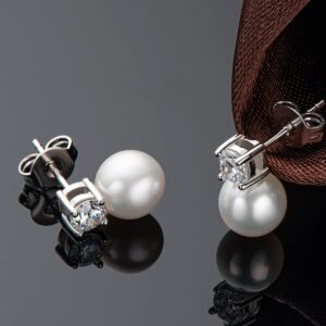 DENGGUANG Pearl Stud Earrings June Birthstone Freshwater Cultured 6.5mm Small White Pearl Drop Silver Earrings with Cubic Zirconia Jewelry Gifts for Women