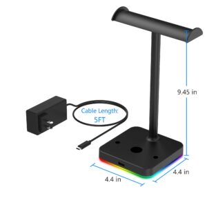 KAFRI RGB Dual Headphone Stand with Wireless Charger Desk Gaming Double Headset Holder Hanger Rack with 10W/7.5W QI Charging Pad and QC 3.0 USB Port - Suitable for Gamer Desktop Table Game Earphone