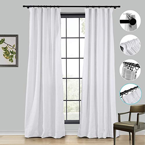 ChadMade Linen Curtain 50 Inches Width x 102 Inches Length Room Darkening Lining Curtain Panel 4 in 1 Header Rod Pocket Flat Hooks Back Tab Hook Belt, Snow White (1 Panel)