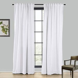 ChadMade Linen Curtain 50 Inches Width x 102 Inches Length Room Darkening Lining Curtain Panel 4 in 1 Header Rod Pocket Flat Hooks Back Tab Hook Belt, Snow White (1 Panel)