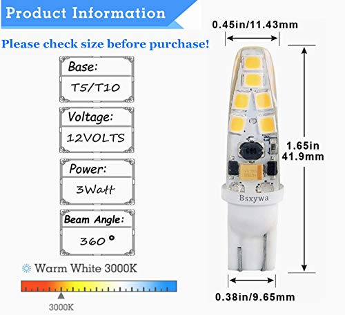 Bsxywa T5 T10 921 194 Wedge Base Landscape 12volt LED Waterproof Light Bulb, 25W Equivalent 3Watt, Warm White 2700K-3000K for Outdoor Landscape RV Camper Marine Boat Walkway Lawn Lighting. 5-Pack