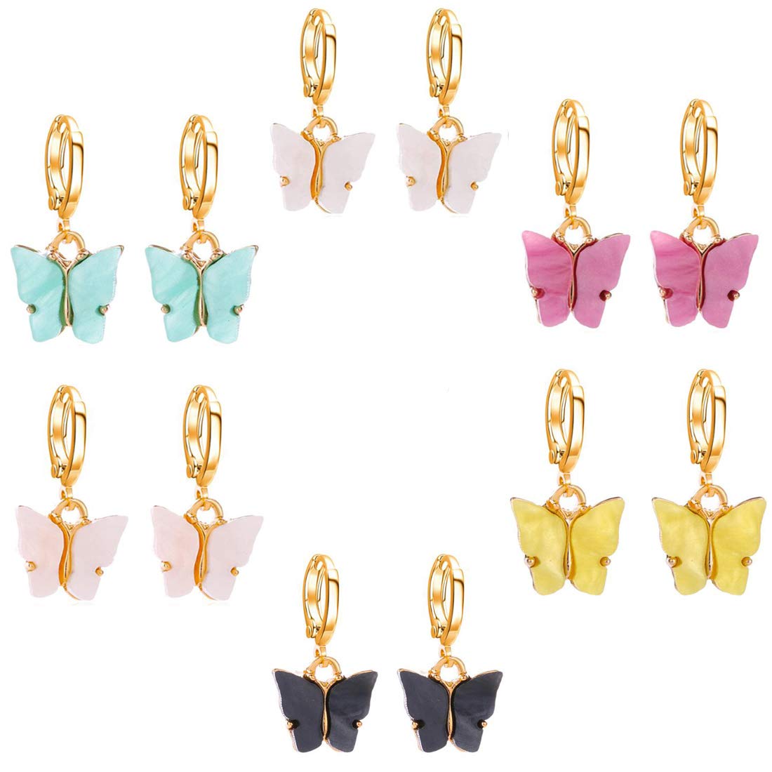 Small Gold Hoop Butterfly Earrings, DORAFO 6 Pairs Colorful Gold Huggie Hoop Dangle Earrings, Cute Dangling Acrylic Butterfly Earrings Set for Women - Mix Colors