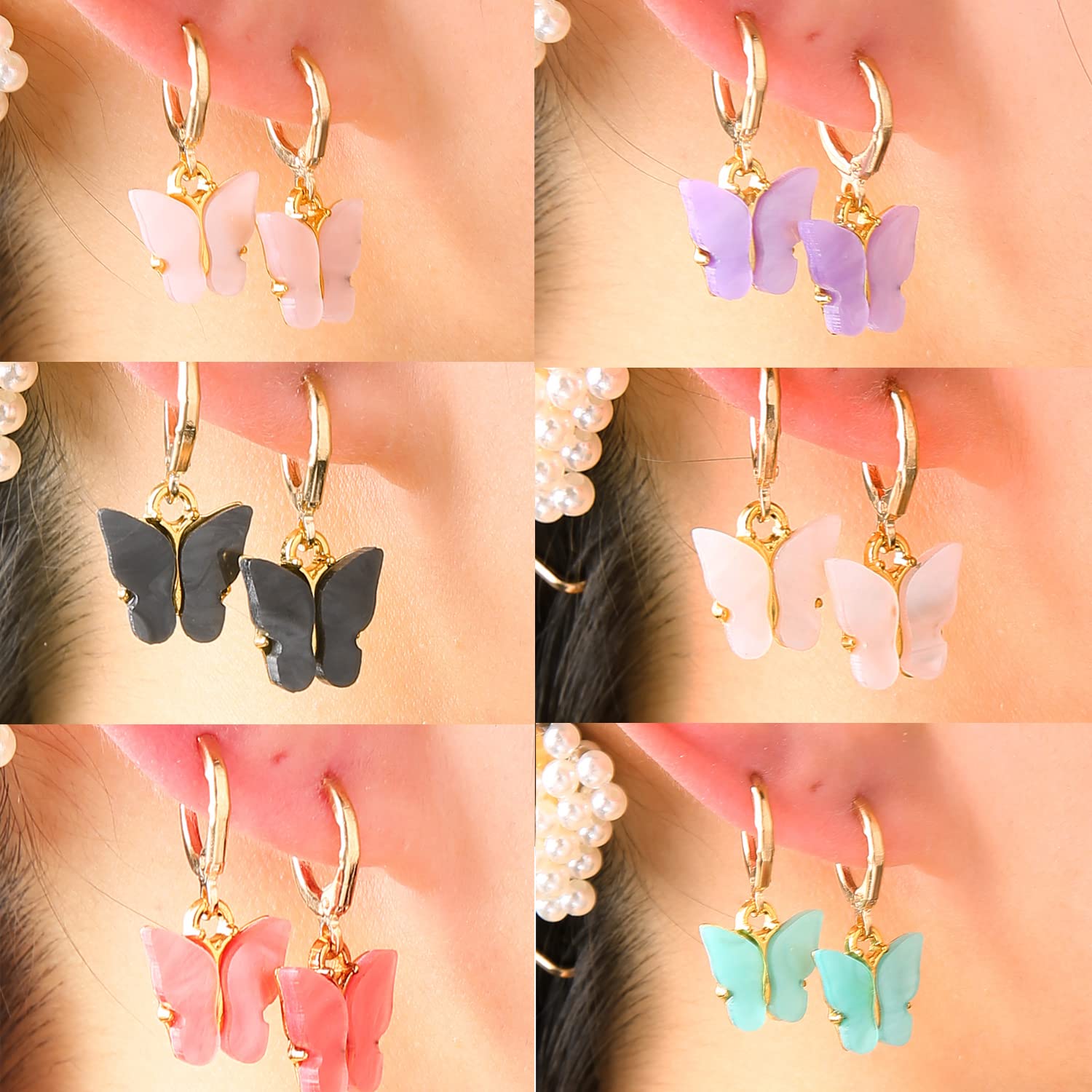 Small Gold Hoop Butterfly Earrings, DORAFO 6 Pairs Colorful Gold Huggie Hoop Dangle Earrings, Cute Dangling Acrylic Butterfly Earrings Set for Women - Mix Colors