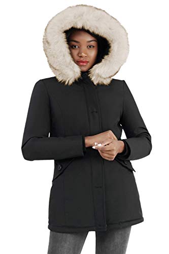 Molemsx Hooded Warm Winter Coats, Women Gift Festive Lined Outwear Golf Climaproof Heather Rain Active Great with Muffler Windbreaker Fashion Bomber Cotton Padding Jacket with Faux Fur(Black,L)