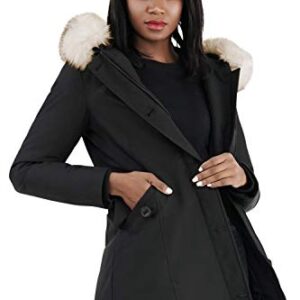 Molemsx Hooded Warm Winter Coats, Women Gift Festive Lined Outwear Golf Climaproof Heather Rain Active Great with Muffler Windbreaker Fashion Bomber Cotton Padding Jacket with Faux Fur(Black,L)