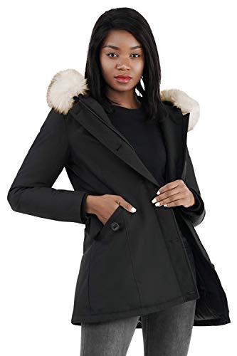 Molemsx Hooded Warm Winter Coats, Women Gift Festive Lined Outwear Golf Climaproof Heather Rain Active Great with Muffler Windbreaker Fashion Bomber Cotton Padding Jacket with Faux Fur(Black,L)