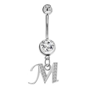 Bodytrend Initial Dangle Belly Button Rings with CZ Crystals in Silver Letters A to Z - British Standard - Certified by Sheffield Assay Office