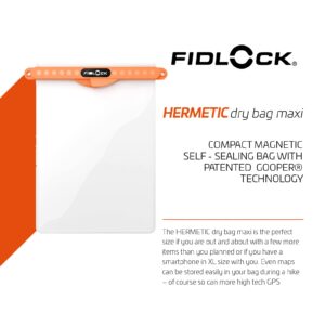 FIDLOCK Hermetic Dry Bag Maxi - Flexible Magnetic Self-Sealing Bag for Cellphone | 100% Waterproof and Sand Proof - Practical Size with a Large Opening, with Lanyard included - Orange Transparent