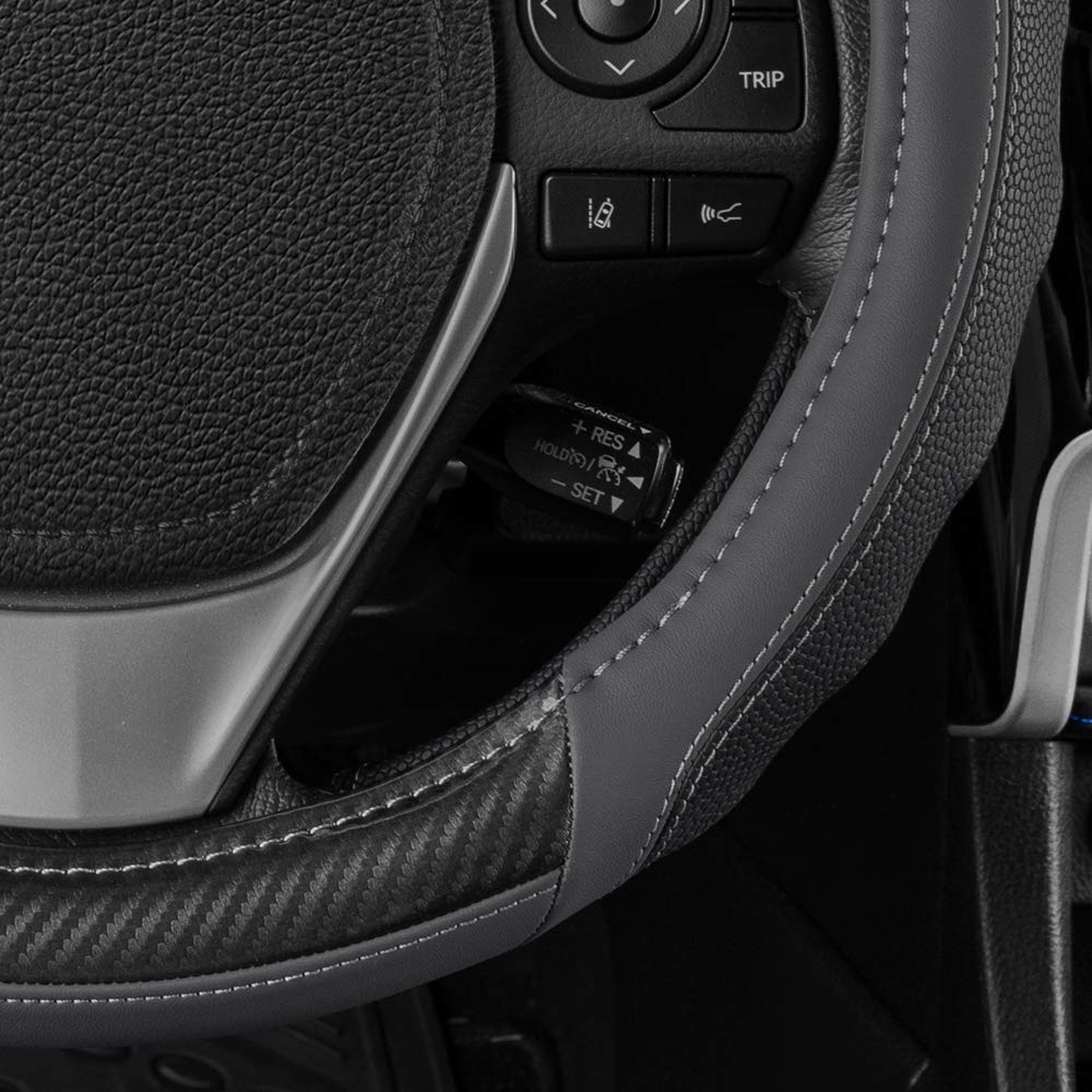 Motor Trend UltraSport Gray Carbon Fiber Steering Wheel Cover, Standard 15 inch Size, Black Faux Leather Comfort Grip, Car Steering Wheel Cover for Auto Truck Van SUV