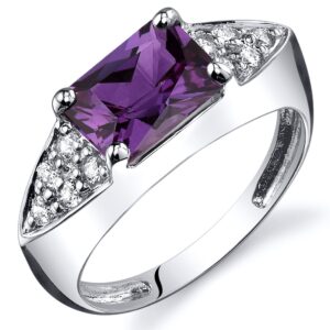 PEORA Simulated Alexandrite Statement Ring in Sterling Silver, Elegant Linear Design, Radiant Cut, 8x6mm, 2 Carats, Comfort Fit, Size 5