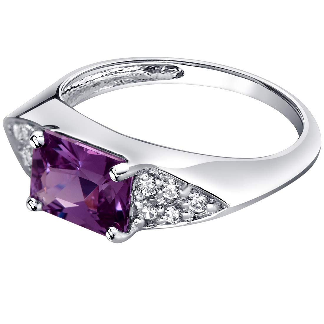 PEORA Simulated Alexandrite Statement Ring in Sterling Silver, Elegant Linear Design, Radiant Cut, 8x6mm, 2 Carats, Comfort Fit, Size 5