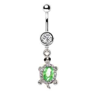 pierced owl 14g stainless steel green cz crystal turtle dangling belly button ring