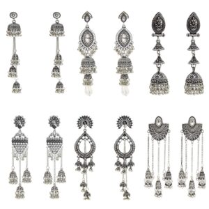 6 pairs/set indian jhumka jhumki ethnic dangle earring sets for women vintage silver long tassel bell drop earrings boho jewelry (es-8794-6)