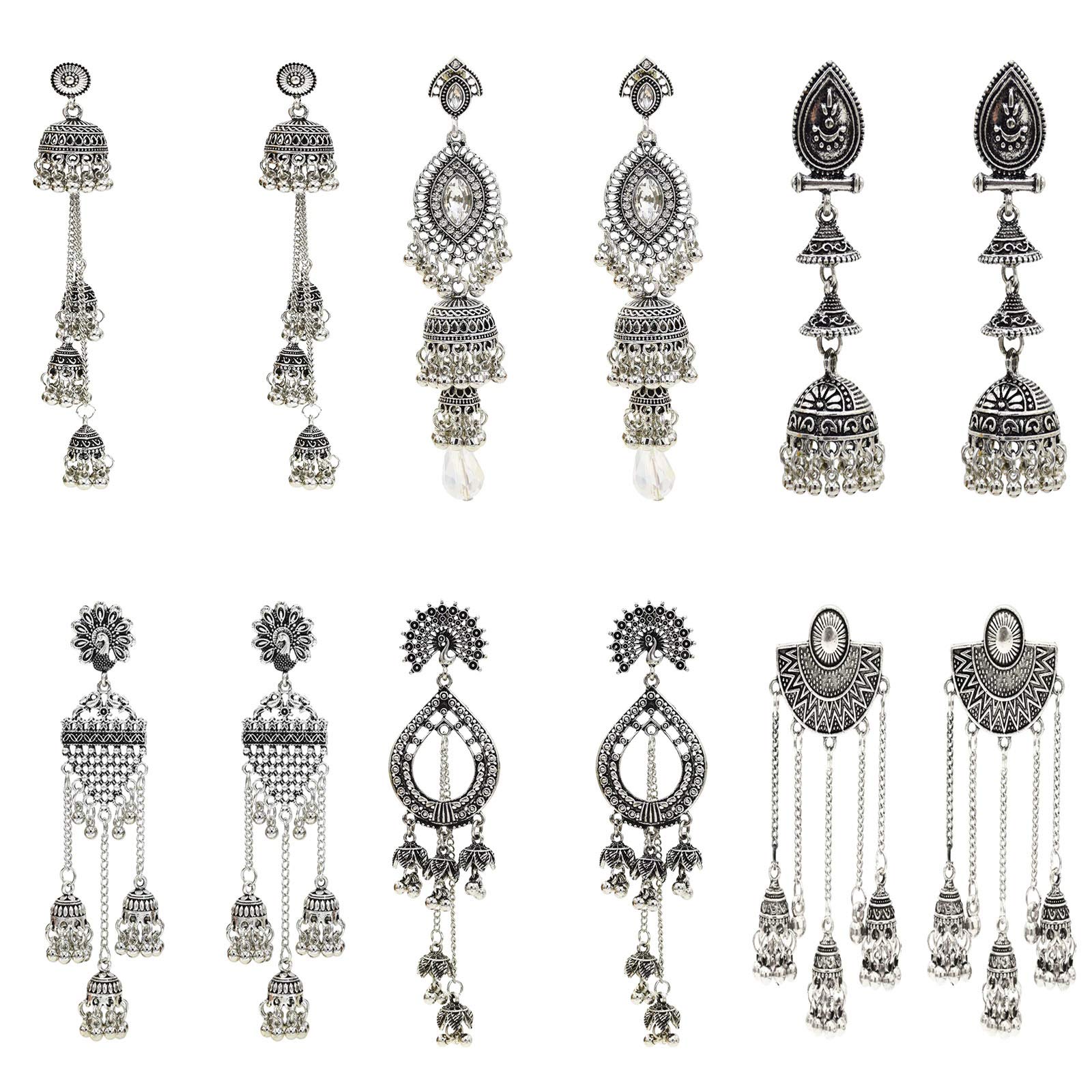 6 Pairs/Set Indian Jhumka Jhumki Ethnic Dangle Earring Sets for Women Vintage Silver Long Tassel Bell Drop Earrings Boho Jewelry (ES-8794-6)