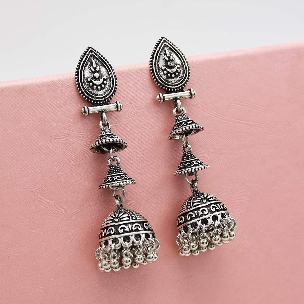 6 Pairs/Set Indian Jhumka Jhumki Ethnic Dangle Earring Sets for Women Vintage Silver Long Tassel Bell Drop Earrings Boho Jewelry (ES-8794-6)