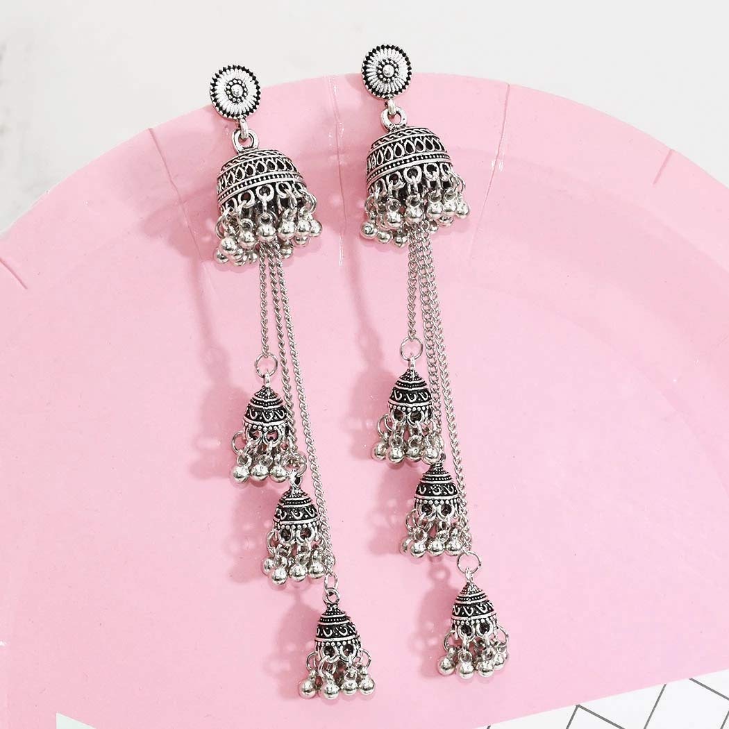 6 Pairs/Set Indian Jhumka Jhumki Ethnic Dangle Earring Sets for Women Vintage Silver Long Tassel Bell Drop Earrings Boho Jewelry (ES-8794-6)