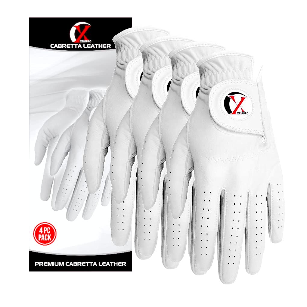 Men's Golf Gloves Value 4 Pack | 100% Finest AA Cabretta Leather | Breathable and Durable Golf Gloves for Men | White Golf Gloves Worn On Left Hand for Right Handed Golfer 4 Pack