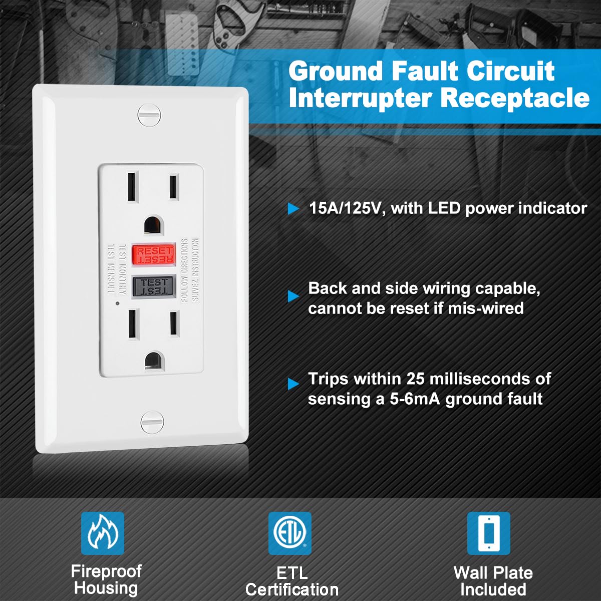 (10 Pack) UNIELE Non-Tamper Resistant GFCI Receptacle Outlet, 15 Amp Ground Fault Circuit Interrupter, GFI Outlets with LED Indicator, Wallplate Included, ETL Listed