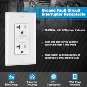 (10 Pack) UNIELE 20 Amp Slim Non-Tamper Resistant GFCI Outlet, GFI Receptacle with LED Indicator, 20A/125V, Wallplate Included, ETL Certified