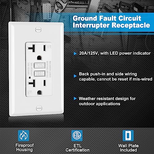 (10 Pack) UNIELE 20 Amp WR GFCI Receptacle Outlet, Outdoor Weather-Resistant GFI, Ground Fault Circuit Interrupter, Wallplate Included, ETL Listed, White