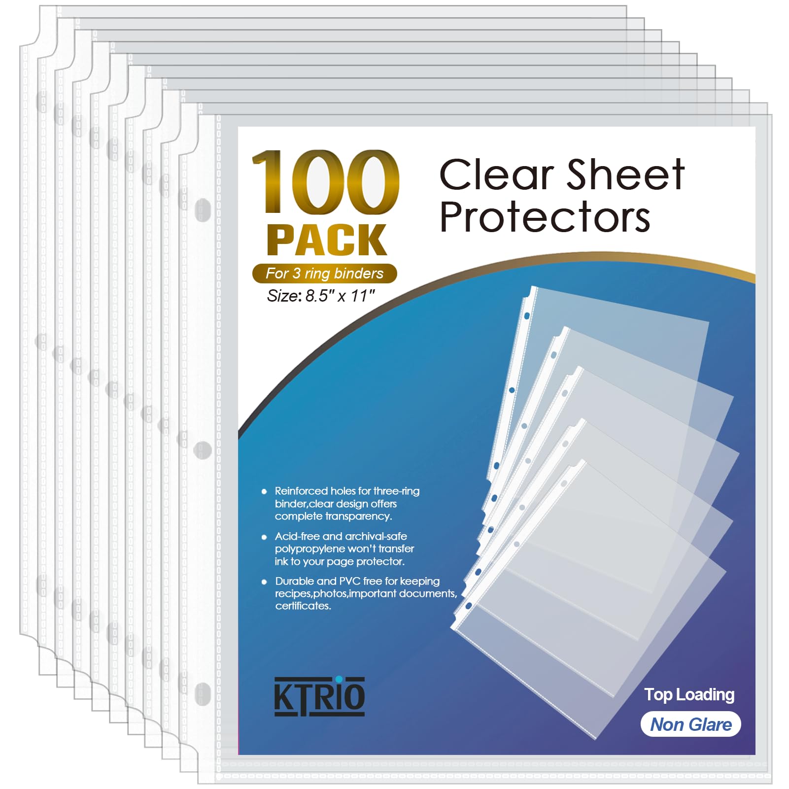 KTRIO Sheet Protector 8.5 x 11 inch Non-Glare Clear Page Protectors, Plastic Sleeves for Binders, Paper Protector for 3 Ring Binder Letter Size Top Loading, 100 Pack