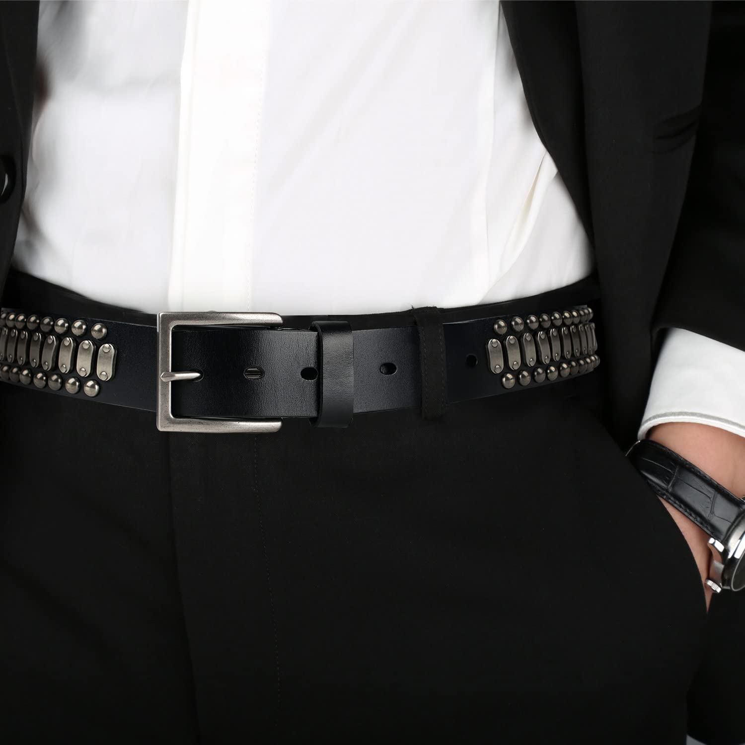 FIORETTO Stylish Mens Studded Casual Italian Cowhide Leather Belts For Jeans Punk Rock Rivets Belt With Buckle For Men Black