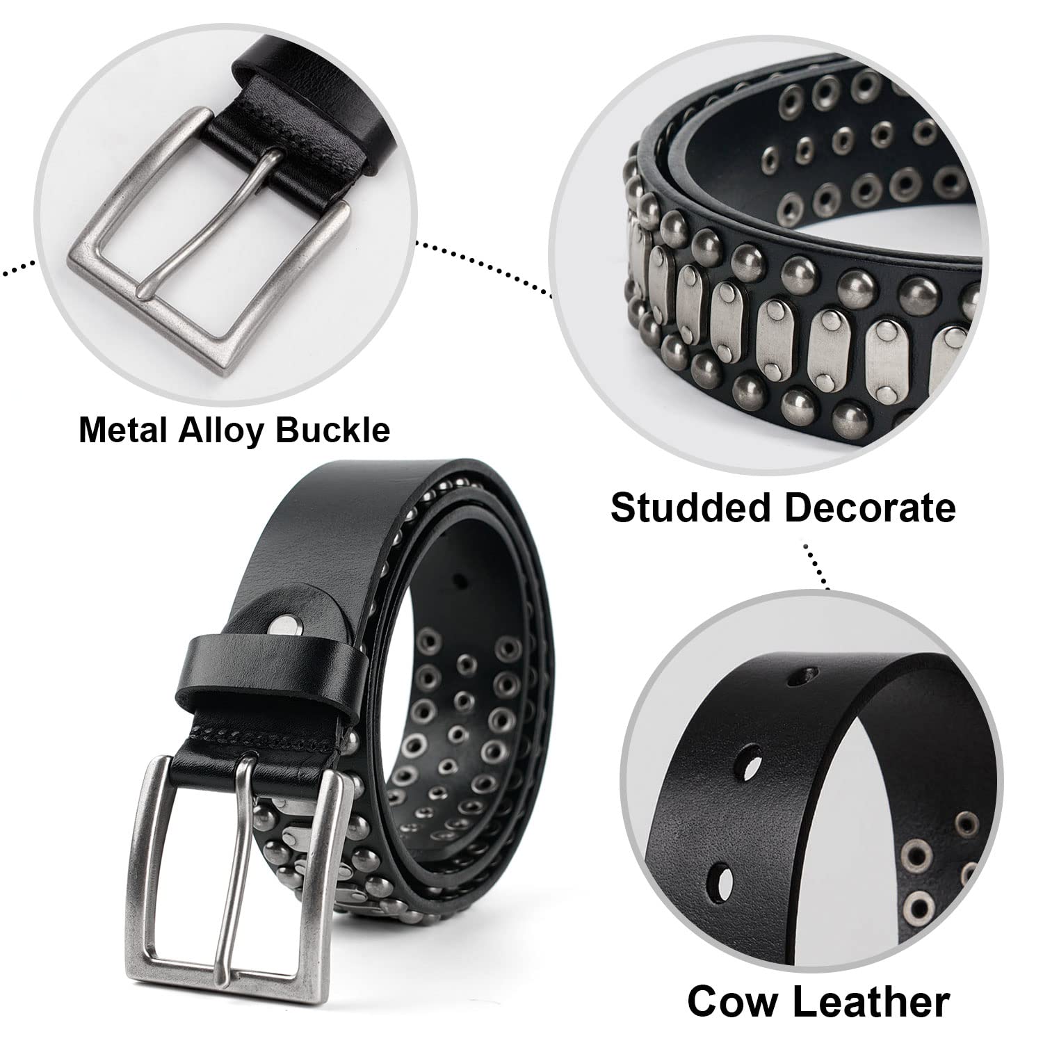 FIORETTO Stylish Mens Studded Casual Italian Cowhide Leather Belts For Jeans Punk Rock Rivets Belt With Buckle For Men Black