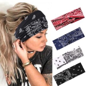 Urieo Boho Headbands Stretch Paisley Print Bandana Headband Criss Cross Hair Bands Knotted Head Wrap Yoga Daily for Women and Girls (Pack of 4) (A)