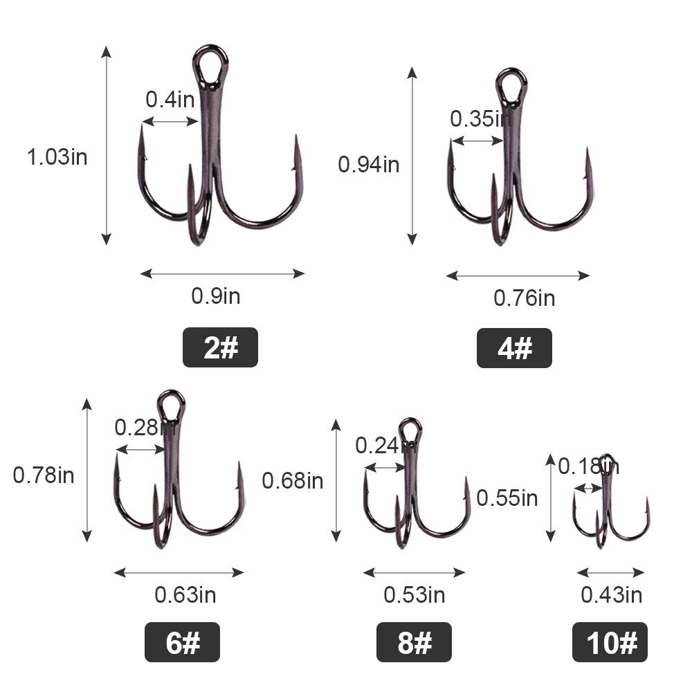 UCEC Fishing Hooks Treble Hooks Kit for Saltwater Freshwater, High Carbon Steel Hooks Strong Sharp Round Bend for Catfish Trout Hard Baits Lures Fishing, Size 2# 4# 6# 8# 10#, 50pcs/Box