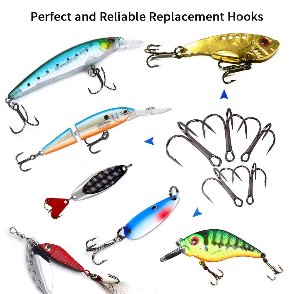 UCEC Fishing Hooks Treble Hooks Kit for Saltwater Freshwater, High Carbon Steel Hooks Strong Sharp Round Bend for Catfish Trout Hard Baits Lures Fishing, Size 2# 4# 6# 8# 10#, 50pcs/Box