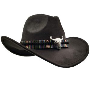 yosang wide brim men and woman's western outback cowboy hat with metal bull head black