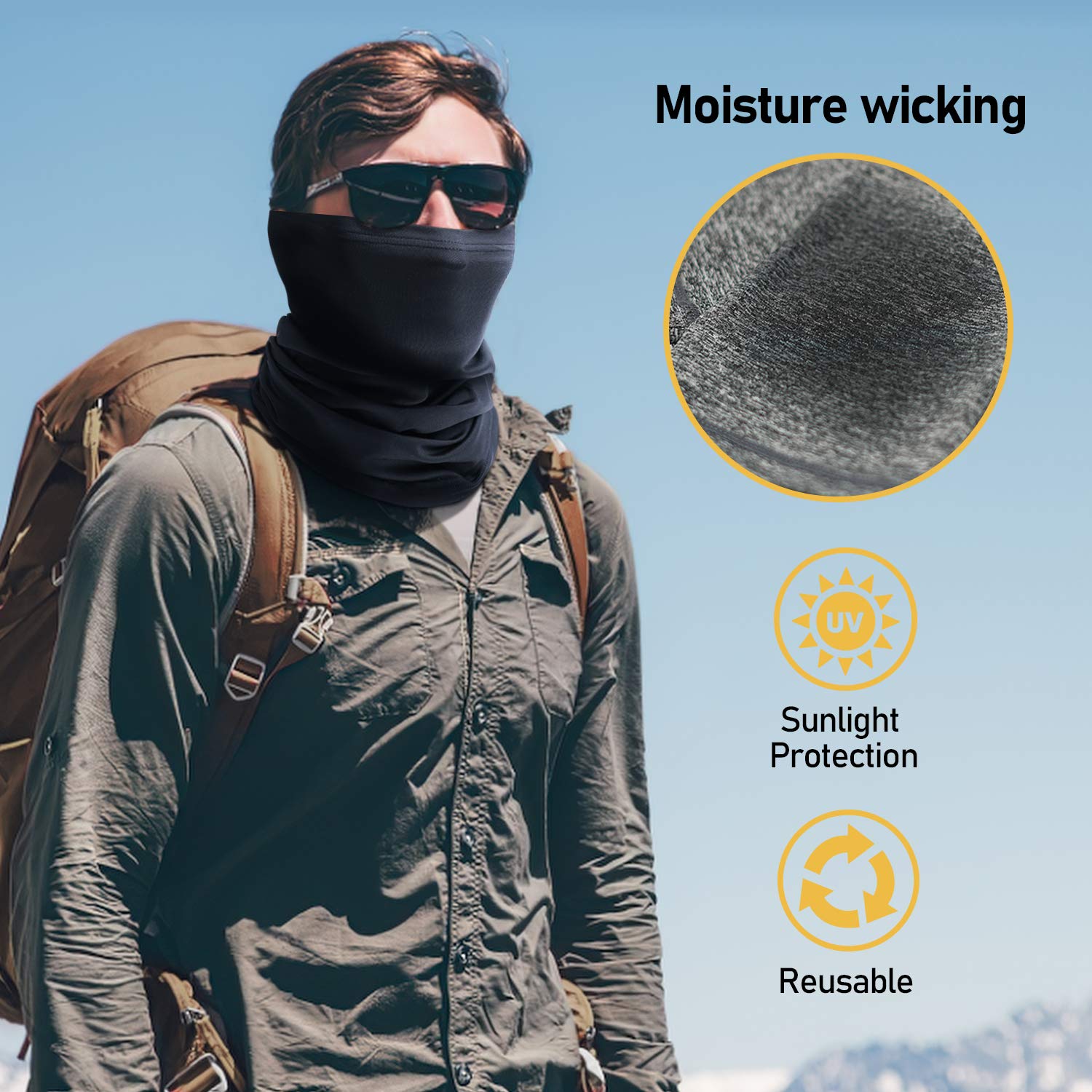 TICONN Neck Gaiter Face Cover Scarf, Breathable Sun & Wind-proof for Skiing Fishing Hiking Cycling (Quick Dry, Black)