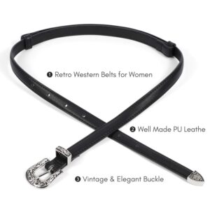 SUOSDEY Black Women Western Skinny Leather Belts Adjustable Fashion Thin Waist Belt for Dresses With Vintage Buckle