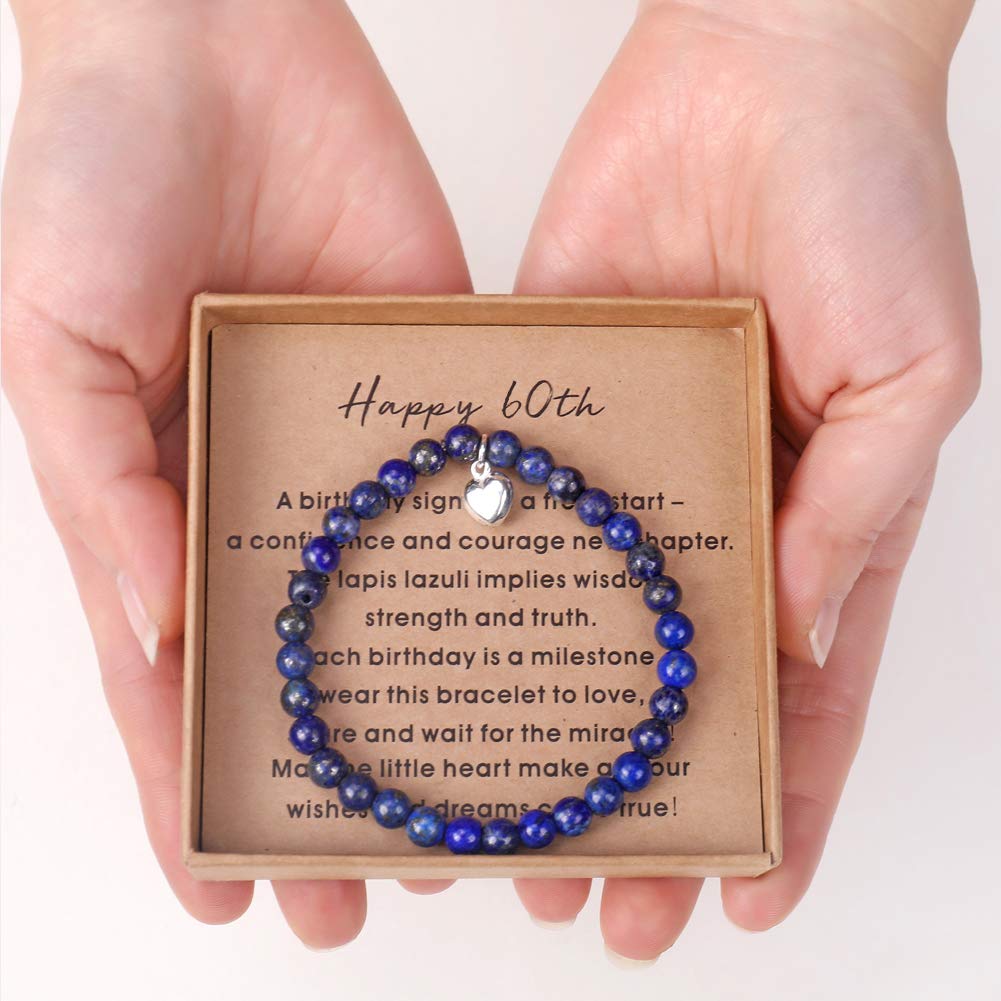 Birthday Gifts for 60 Year Old Woman Lapis lazuli Bead Bracelet with Sterling Silver Heart Charm Gifts for Turning 60 with Card and Gift Box