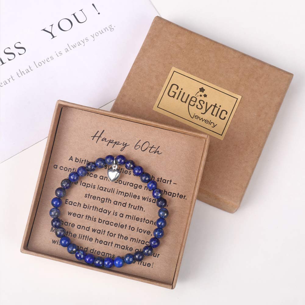 Birthday Gifts for 60 Year Old Woman Lapis lazuli Bead Bracelet with Sterling Silver Heart Charm Gifts for Turning 60 with Card and Gift Box